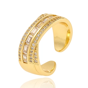 Adjustable golden C-shaped ring with pavé micro-inlaid cubic zirconia crystals