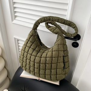 Army green large quilted hobo bag with puffer diamond pattern and wide shoulder strap