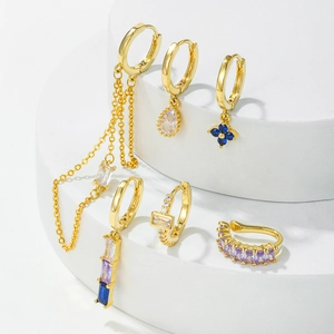 Luxury 6-piece S925 silver needle gold earrings set with colorful zircon and long tassels