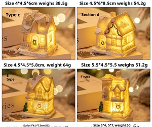 Detail view of four miniature LED resin Christmas village houses with size and weight specs