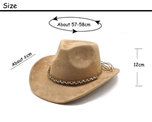 Detailed dimensions of beige suede cowboy hat with beaded band and 57-58cm head size
