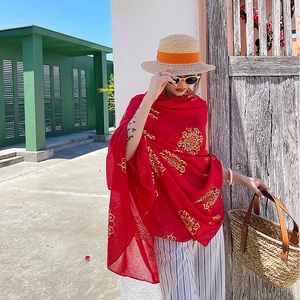 Women Rayon Shawl Wrap Lightweight Large Beach Sun Protection Scarf Retro Ethnic Gold Stamping Mandala Print