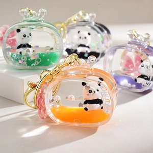 Panda liquid sand keychains in orange green black and purple acrylic sets