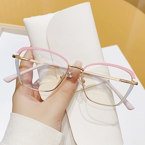 Fashionable cat eye metal blue light glasses for women with pink and gold frame