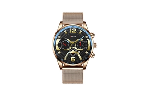 Detailed close-up of Geneva men's watch with black dial and rose gold mesh steel band