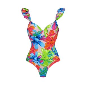 Detailed view of floral print swimsuit featuring ruffle straps and underwire cups