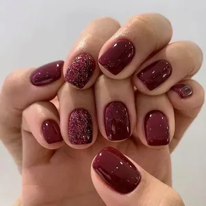 Short Wine Red Glitter Press On Nails Western Style Solid Color Glossy Square Fake Nails For Women Daily Party Decoration