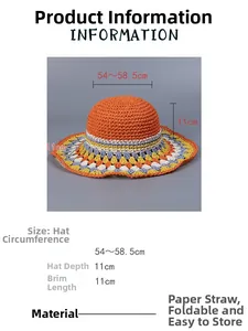Detailed size parameters of vibrant orange crochet straw hat with bohemian pattern brim