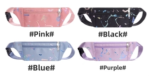 Detail showing colorful nylon sports waist bags in pink, black, blue and purple options