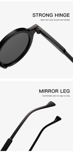 Detail of strong metal hinges and comfortable wide temple tips on black round sunglasses