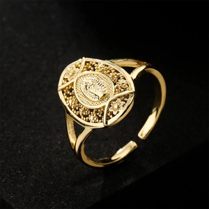 Religious 18K gold plated open ring featuring Virgin Mary engraving and hollow design