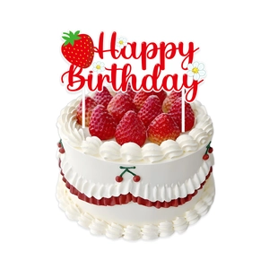 Strawberry theme birthday party cake topper decoration with red fruit and Happy Birthday sign
