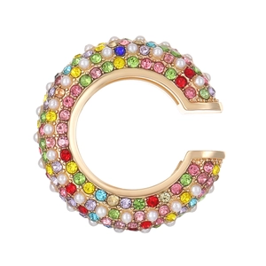 Golden C-shaped ear cuff set with multi-color crystals and white pearls for women