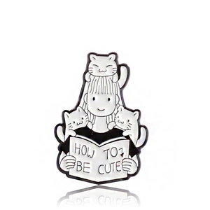 Cartoon enamel pin of a girl reading a book with cute cats and 'How to be Cute' text