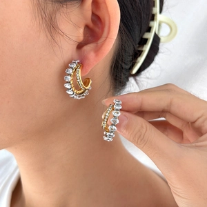 Double Layer C Shaped Hoop Earrings With Zircon And Artificial Pearl Stainless Steel Geometric Luxury Fashion For Women