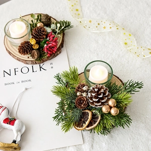 Handmade Christmas wooden candle holder with pine cones berries and LED light ornament