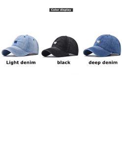 Three washed denim baseball caps with W letter embroidery in black and blue colors