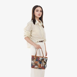 Large capacity geometric patchwork tote bag with leather handles and decorative silk scarf