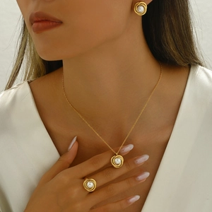 Elegant Artificial Pearl Jewelry Collection Stainless Steel Rose Flower Spiral Wire Wrapped Necklace Earrings Ring Women Luxury