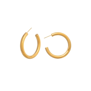 Close-up of minimalist 18K gold-plated stainless steel C-shaped hoop earrings on white background