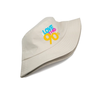 Detail of 90s nostalgia slogan print on beige cotton bucket hat with stitched brim