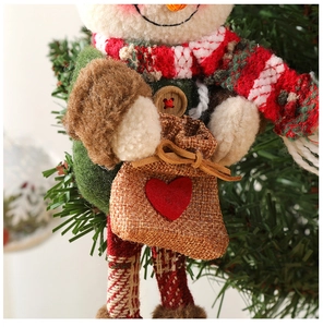Close-up of Christmas snowman ornament with knitted textures and festive heart pocket detail