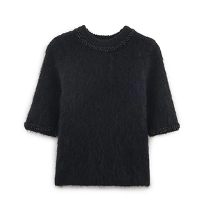 Women Short Sleeve Beaded Knit Sweater Elegant Round Neck Plush Mohair Like Solid Black Pullover Top