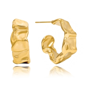Macro detail of gold-tone square hoop earrings featuring unique lava crinkle texture