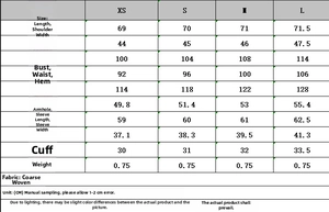 Tableau des tailles détaillé pour blazer en tweed avec mesures en centimètres
