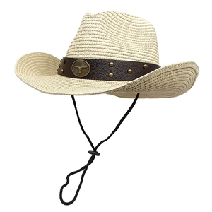 Western Cowboy Straw Hat Sun Protection Breathable Beach Summer Travel Outdoor Vintage With Bull Head Emblem And Wind Rope