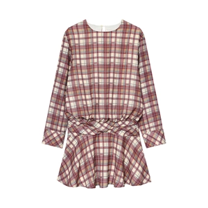 Elegante Abito Mini A Quadri Poliestere Manica Lunga Girocollo Vita Alta Increspato Abito Vintage Donna