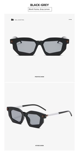 Detail of color-blocked temples and metallic rivet accents on black polygon sunglasses