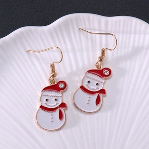 Detailed macro view of Christmas snowman drop earrings with white enamel and red accents