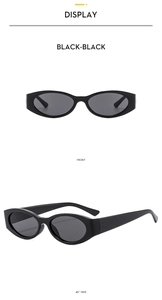 Front and side views of black vintage narrow frame sunglasses with dark grey lenses