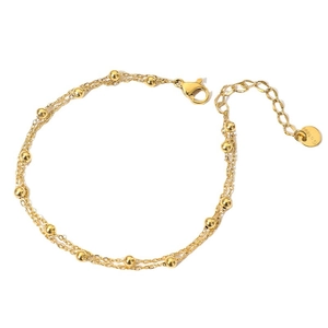Double-layered gold bead anklet in polished stainless steel for women with lobster clasp