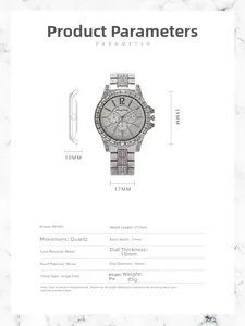 Detailed specs of the silver quartz watch with full crystal inlay and metal band