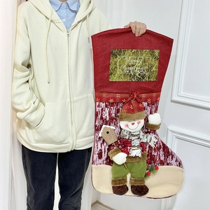 Large Christmas stocking with 3D snowman and Merry Christmas patch for holiday decoration