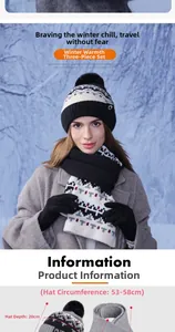Winter 3-piece knit set with hat dimensions showing circumference 53-58cm and 20cm depth