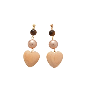Bohemian wooden heart drop earrings with tiger eye stone and pearls on white background