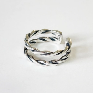 Retro S925 sterling silver double-layered braided twist ring with open adjustable design