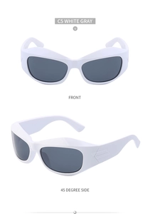 Detail view of white Y2K sporty sunglasses featuring gray lenses and sleek punk geometry