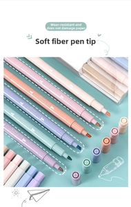 Detail of soft fiber chisel tip on Morandi pastel dual-ended highlighter marker pen