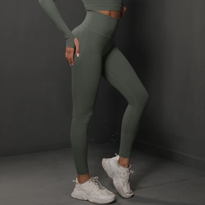 Détails du legging de yoga sans couture taille haute et crop top à manches longues vert mousse