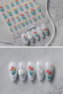 Macro view of 3D embossed gradient tulip nail art stickers with sample display