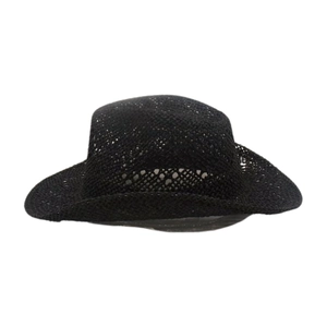 Close-up of black hand-woven hollow straw cowboy hat with breathable crochet texture