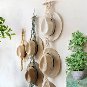 Boho handmade macrame hat hangers with wooden dowels for stylish wall organization