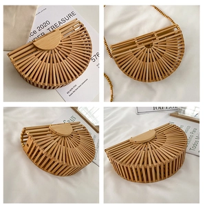 Detailed view of handmade semi-circular bamboo woven handbag with beaded shoulder strap