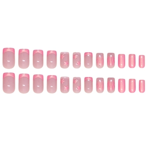 Set of 24 rose pink press-on nails featuring star 3D accents and shell texture designs