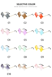 Grid display of rimless mushroom sunglasses in 12 vibrant colors with metal temples