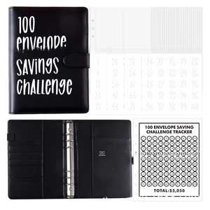 Close-up of the black PU leather binder with 100 transparent cash envelopes and tracker